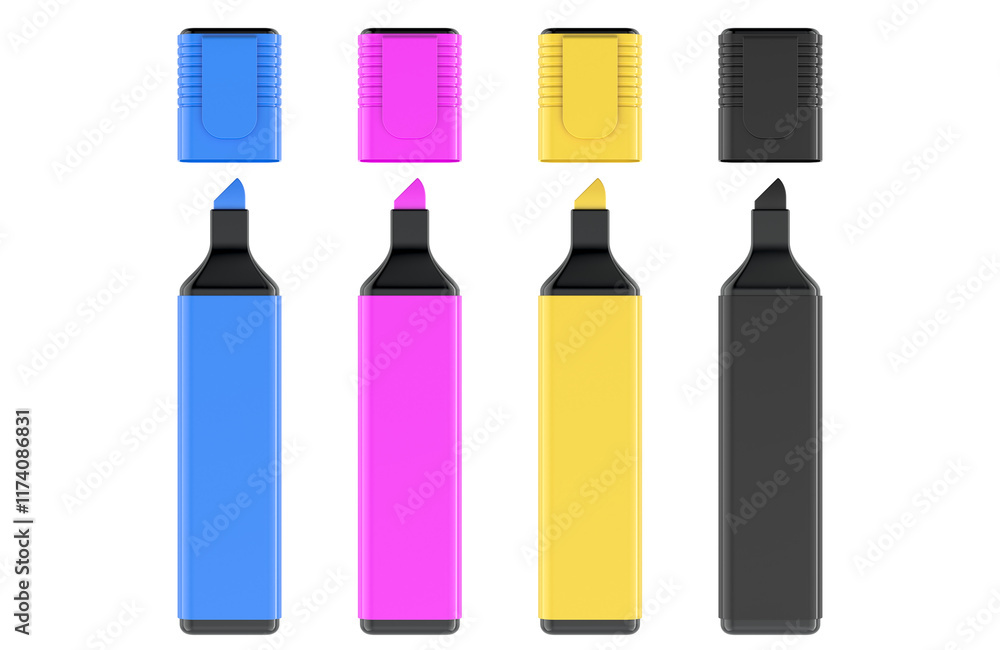 Poster set of permanent markers, cmyk concept. 3d rendering isolated on transparent background
