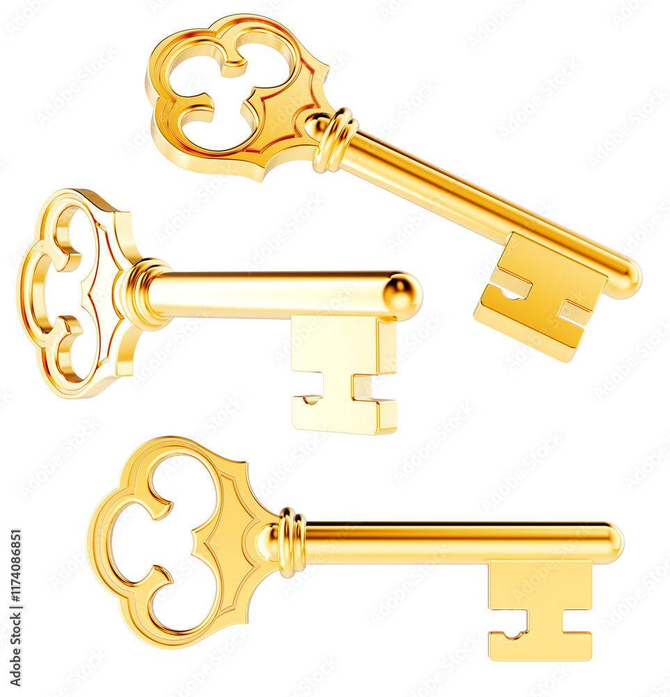 Poster golden key. different views and angles, 3d rendering isolated on transparent background