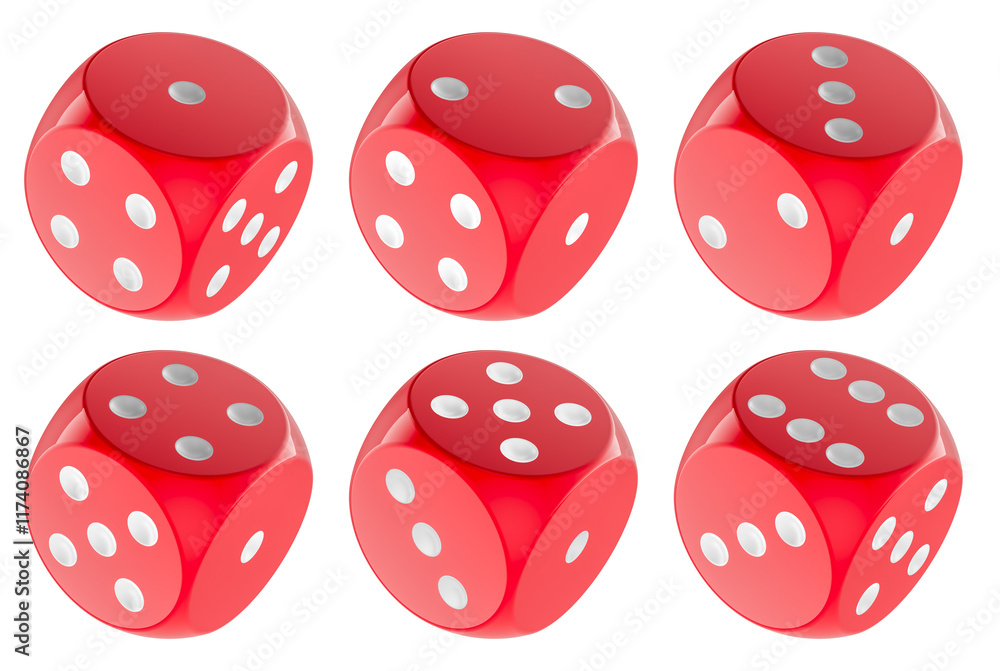 Poster red dice, 6 dice sides. 3d rendering isolated on transparent background