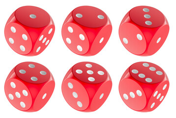 Red dice, 6 dice sides. 3D rendering isolated on transparent background