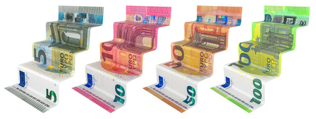 Staircases from euro banknotes. 5, 10, 50, 100 euro. 3D rendering isolated on transparent background