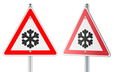 Obraz premium Beware of ice or snow, road sign. Front and side views, 3D rendering isolated on transparent background