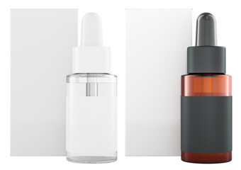 Dropper bottles, cosmetic or medical product with packaging box, mockup template. 3D rendering isolated on transparent background