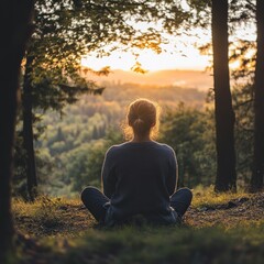 A person meditating in a serene forest during sunset, embracing nature's tranquility.