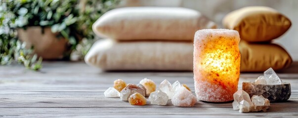 Tranquil Wellness Scene Featuring Himalayan Salt Candle with Crystals, Cozy Pillows, and Inviting Natural Ambiance for Relaxation and Mindfulness