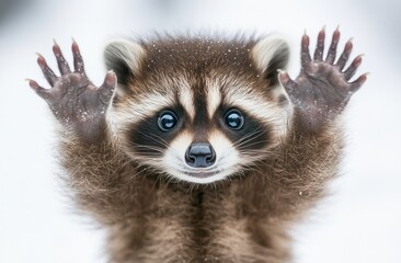 Obraz premium An isolated close-up portrait of a cute and amusing raccoon on a white backdrop