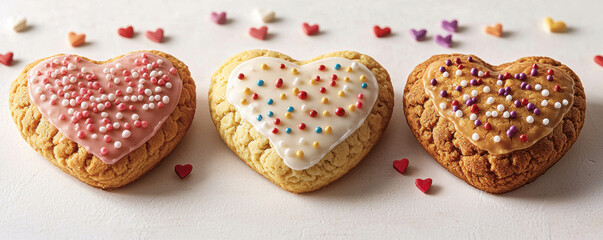 Heart shaped cookies with colorful icing and sprinkles, surrounded by small decorative hearts