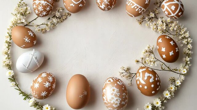 Hand-painted easter eggs with delicate white designs arranged in a circular pattern on a light background, surrounded by tiny flowers, celebrating the joy of easter