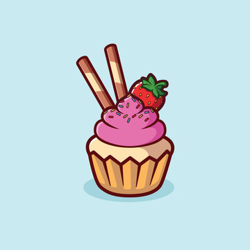 Strawberry and chocolate cream cup cake with strawberry in Cartoon Icon Illustration