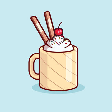 Vanilla and chocolate cream coffee Mug With berry in Cartoon Icon Illustration