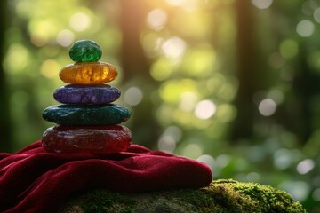 Serene stack of colorful stones on moss, bathed in sunlight, evokes peace and tranquility in a forest setting.