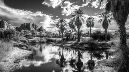 Desert Oasis Palm Trees Reflecting In Calm Water