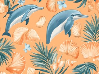 Naklejka premium Tropical-Inspired Pattern with Dolphins, Palm Leaves, and Seashells