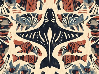 Tribal Pattern with Stingrays, Turtles, and Fish