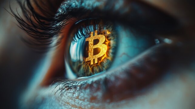 Eye Reflecting Cryptocurrency Symbol, Digital Asset, Investment, Finance, Close Up, Technology. - Powered by Adobe