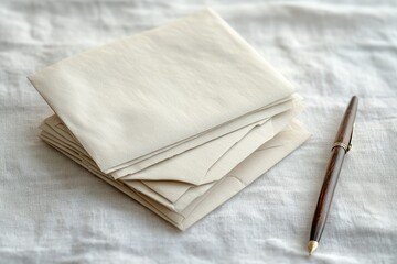 A stack of blank off-white envelopes and a brown fountain pen rest on a textured white linen surface.