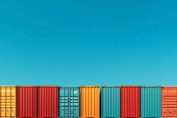 Fototapeta premium A Vibrant Display of Cargo Containers Against a Clear Blue Sky, Showcasing Bold Colors and Structured Design Aesthetics.
