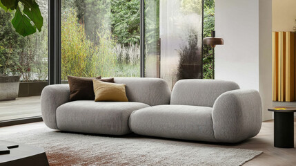 Light-filled living room interior with comfortable grey couches close to a large window