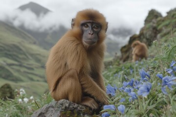 Obraz premium On a foggy day in Ethiopia, Africa, a gelada baboon relaxes on a lush meadow, feeding on grass