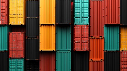 Fototapeta premium Vibrant Cargo Containers Stacked in Intricate Patterns, Showcasing a Palette of Colors in a Modern Urban Environment.