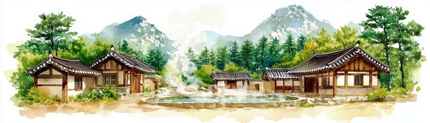 Obraz premium Beautiful traditional Korean village landscape with mountains, rustic buildings, peaceful pond, and lush greenery in a serene natural setting