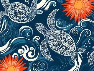 Polynesian Art with Sea Turtles and Waves