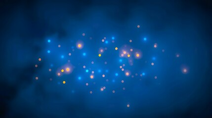 abstract background featuring glittering lights in vibrant blue and gold shades, scattered against a dark black gradient.