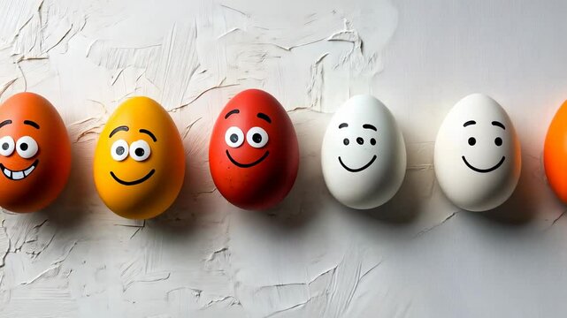 Vibrant easter eggs with painted smiley faces on textured white background &ndash; celebration of joyful festivities and traditions