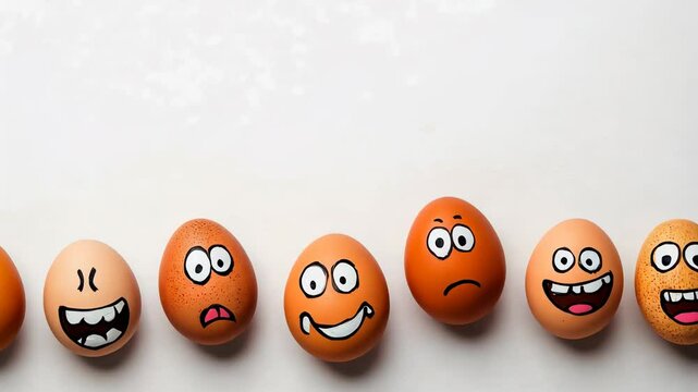 Humorous easter eggs with cartoon faces on white background celebrating spring's renewal concept