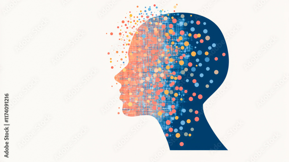 Poster abstract profile of human head with colorful dots representing digital transformation and innovation