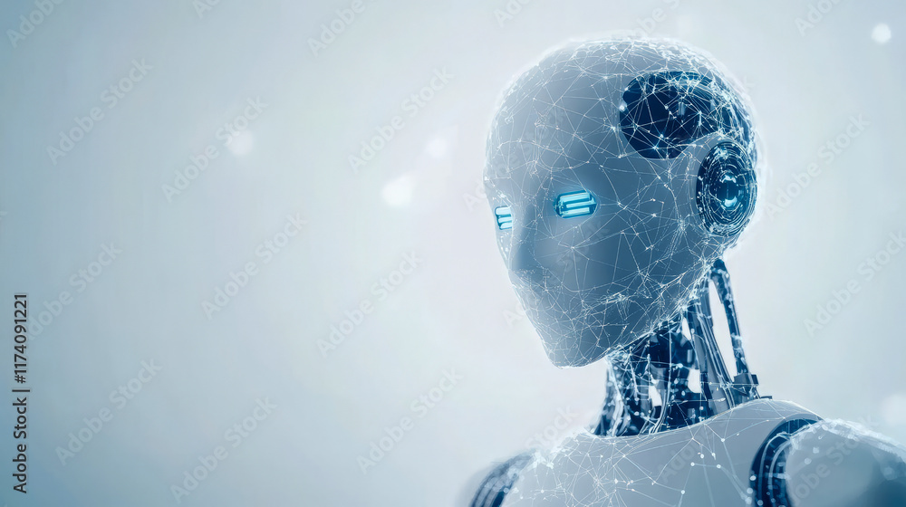 Poster futuristic robot with digital interface and ai technology