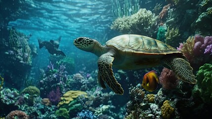 Sea turtle swimming near coral reef, ocean background, marine wildlife scene, nature conservation.
