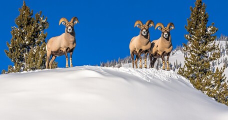 Obraz premium A low perspective shows two bighorn rams perched on a hill at Yellowstone