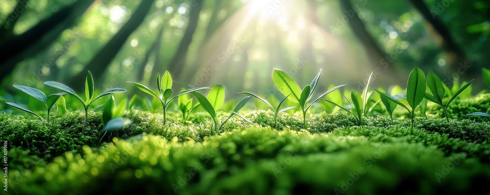 Poster fresh green sprouts emerging from lush moss in a sunlit forest setting with soft rays of light highl