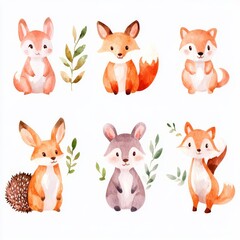 Wildlife art collection with forest animals and birds. Hand-painted natural forest creatures set. Heart-shape nature poster featuring a bear, fox, wolf, rabbit, squirrel, deer, robin bird, mushroom,