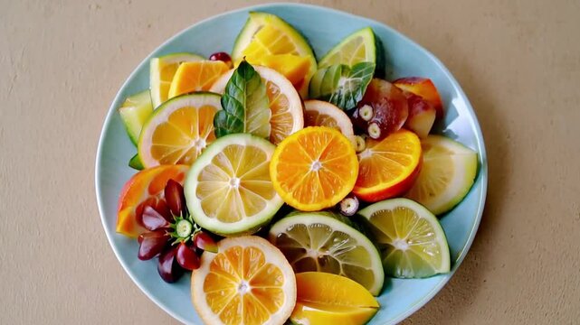 A vibrant plate of tropical fruit slices, including mango, pineapple, and papaya.