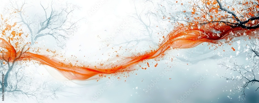 Poster ethereal flow of orange and gray blur with abstract trees and soft textures in an artistic landscape