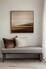 The elegant interior design showcases a minimalist bench complemented by soft, plush pillows and striking abstract artwork, all harmonized in a calming neutral color palette