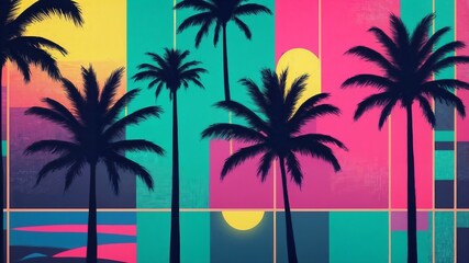 Obraz premium A retro 80s-style wallpaper with glowing grids and palm tree silhouettes.