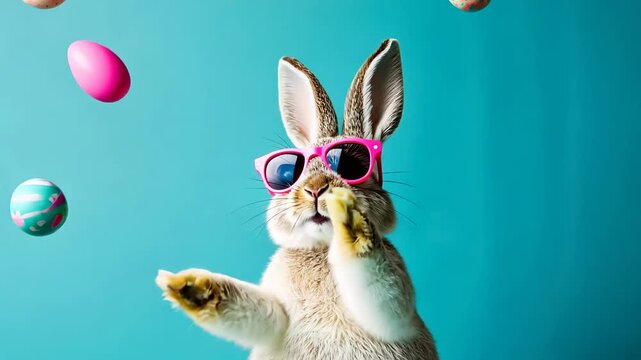 Playful bunny with vibrant easter eggs on turquoise background celebrating joyful easter spirit