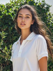 Maqueta de modelo mujer usando polo blanco. Maqueta de camiseta blanca manga corta en fondo minimalista
