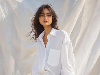 Maqueta de modelo mujer usando camisa oversize blanca. Maqueta de camisa blanca manga larga en fondo minimalista.