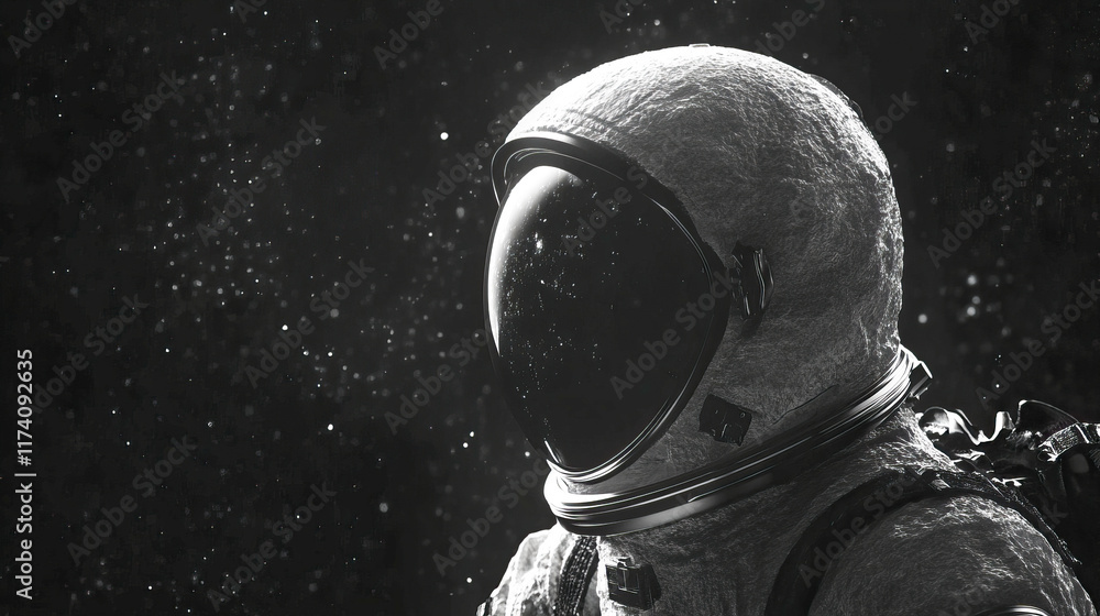 Poster astronaut in space suit floating in outer space with reflection on helmet