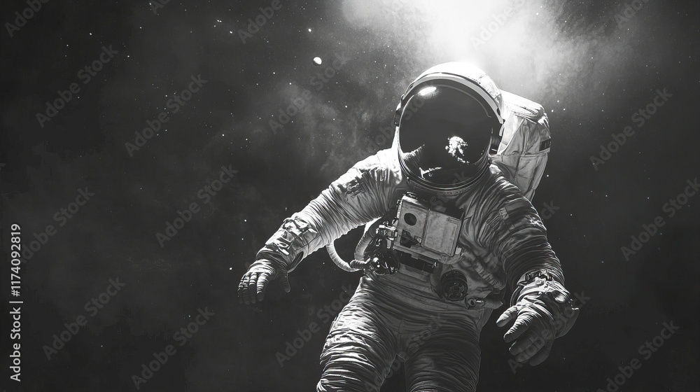 Poster astronaut floating in space with cosmic background and bright stars
