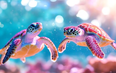 Two vibrant sea turtles swimming underwater, coral reef background.