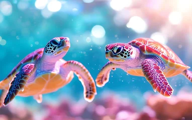 Fotobehang Two vibrant sea turtles swimming underwater, coral reef background. © cilipianwe