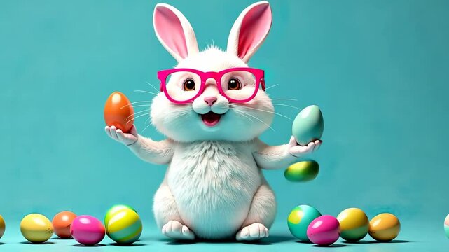 Playful white rabbit juggling colorful easter eggs with pink glasses on teal background, symbolizing easter joy and celebration