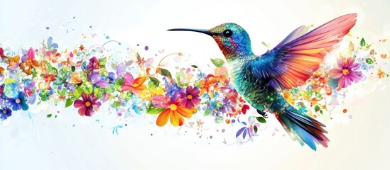 Vibrant hummingbird amid a colorful floral explosion with nectar feeding bird in dynamic motion surrounded by bright fantasy like blooms and petals
