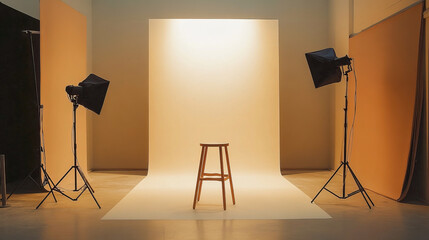 Professional studio setup with lighting equipment and wooden stool