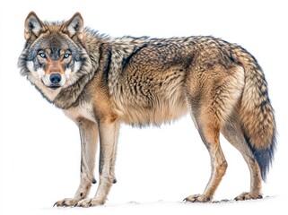 Naklejka premium The image shows a handsome American Wolfdog standing to the side, its head turned backward and looking away from the camera. The subject is isolated on a transparent background